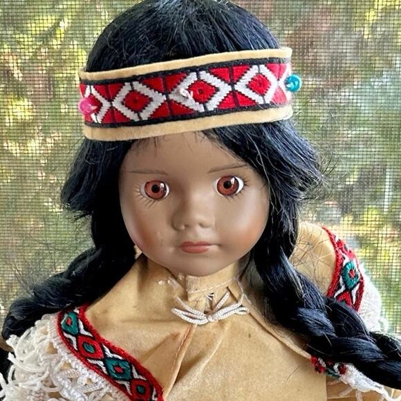 Vintage Porcelain Native American-Inspired Doll with Braids and Beaded Outfit - Picture 2 of 12
